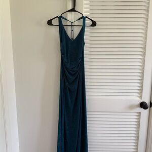 Jodi Kristopher Blue Ruched V-Neck Cocktail Gown